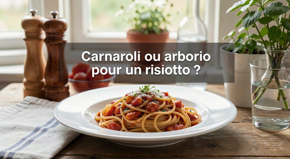 Deux bols de riz cru côte à côte sur un plan de travail en bois, grains longs et grains ronds visibles en gros plan, lumière de cuisine latérale