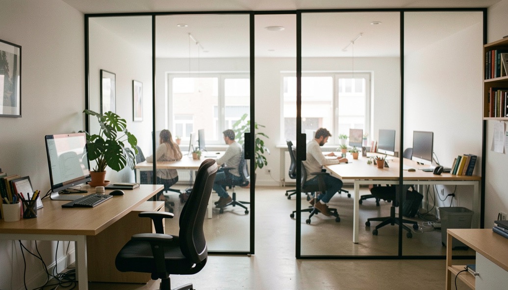 Poste de travail calme à domicile faisant face à une grande table de coworking lumineuse, deux ambiances réelles séparées par une cloison vitrée