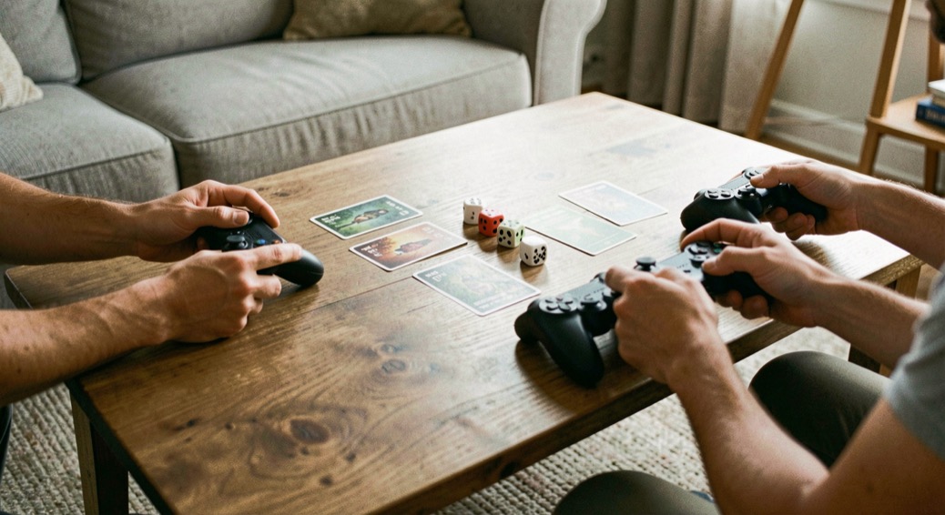 Table de salon avec plateau, cartes neutres, dés et deux manettes posées de part et d’autre, mains de joueurs en mouvement sans visage