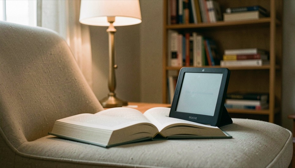 Livre relié ouvert et liseuse sans marque posés côte à côte sur un fauteuil, lampe de lecture chaude et étagère floue en arrière-plan