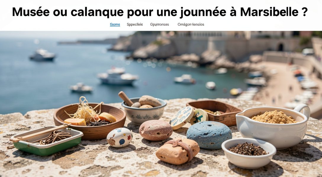 Vue sur la rade de Marseille depuis un promontoire calcaire, mer claire en contrebas et toits de la ville au loin, lumière de fin de matinée