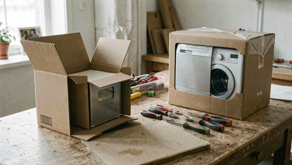Petit électroménager ouvert sur un établi propre face à un appareil neuf encore emballé dans un carton neutre, outils rangés entre les deux