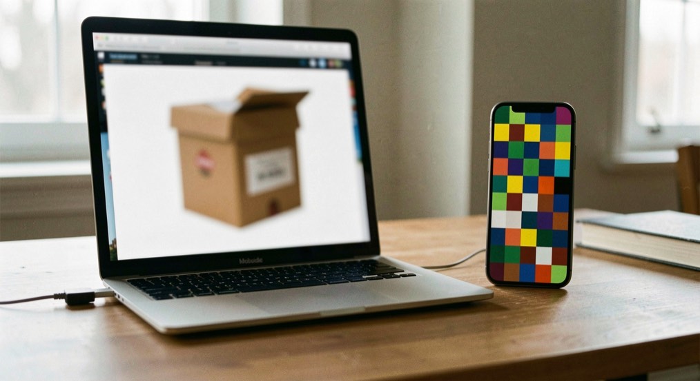Ordinateur affichant une boîte de réception floutée face à un téléphone avec mosaïque colorée sans texte, bureau calme en lumière latérale