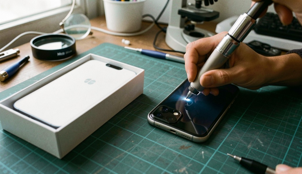 Deux smartphones sans marque sur un tapis de contrôle, l’un dans sa boîte neutre et l’autre inspecté avec une lampe et une loupe