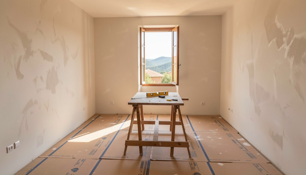 Séjour d’une maison provençale en rénovation, murs fraîchement enduits, sol protégé par des cartons, tréteau avec niveau et mètre devant une fenêtre ouverte sur les collines