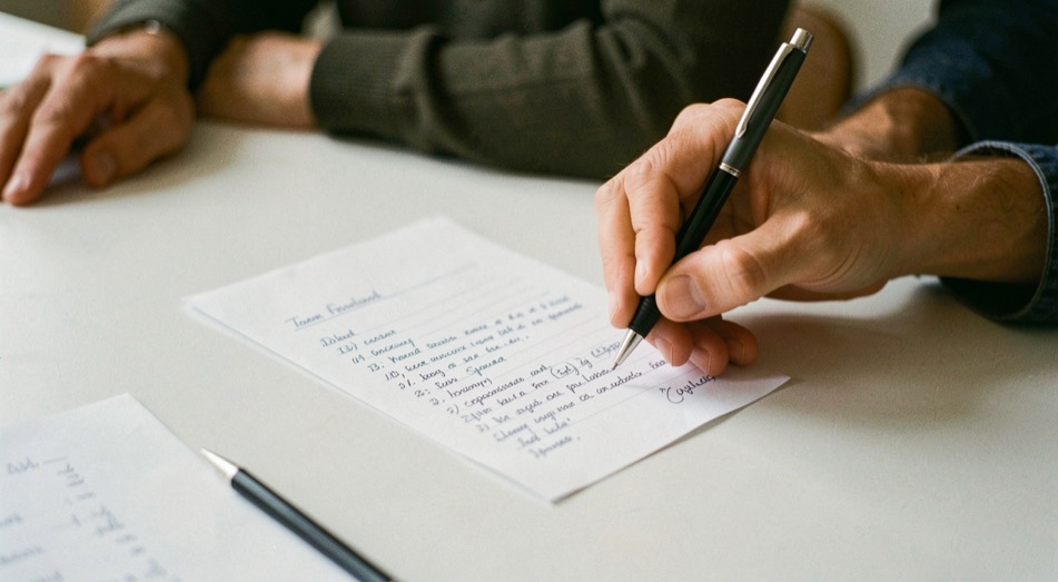 Main cochant une liste manuscrite sans mots lisibles près de deux objets comparés sur une table claire, prise de vue verticale réaliste