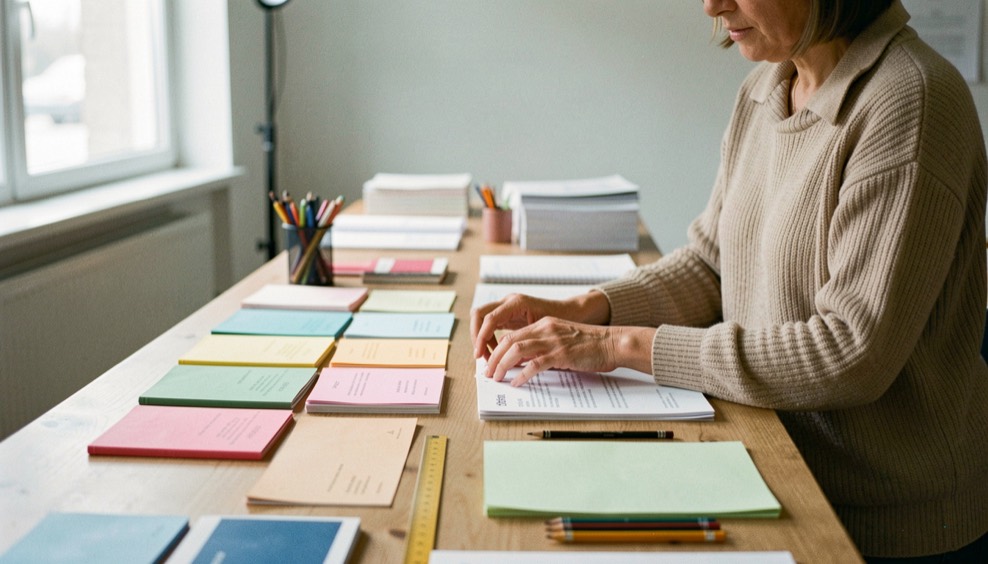 Rédactrice classant deux séries de fiches colorées sur une longue table, règle et crayons visibles, lumière de studio éditorial naturelle