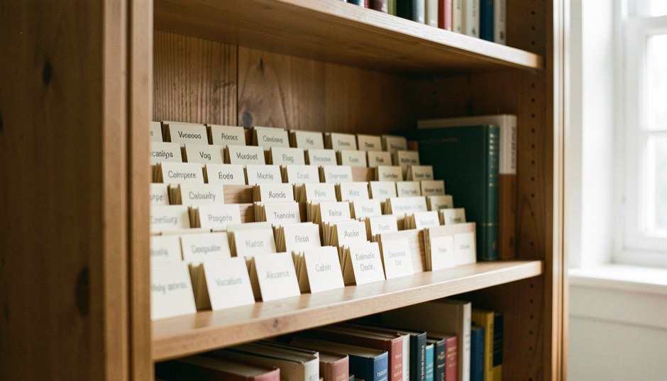 Petites cartes de vocabulaire classées par ordre alphabétique dans un meuble de bibliothèque, lumière douce et aucun texte lisible
