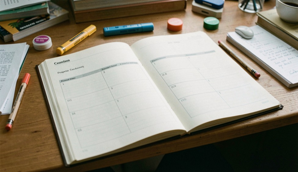 Cahier chronologique ouvert avec fiches datées, crayons et tampons de correction sur un bureau éditorial, aucun mot lisible