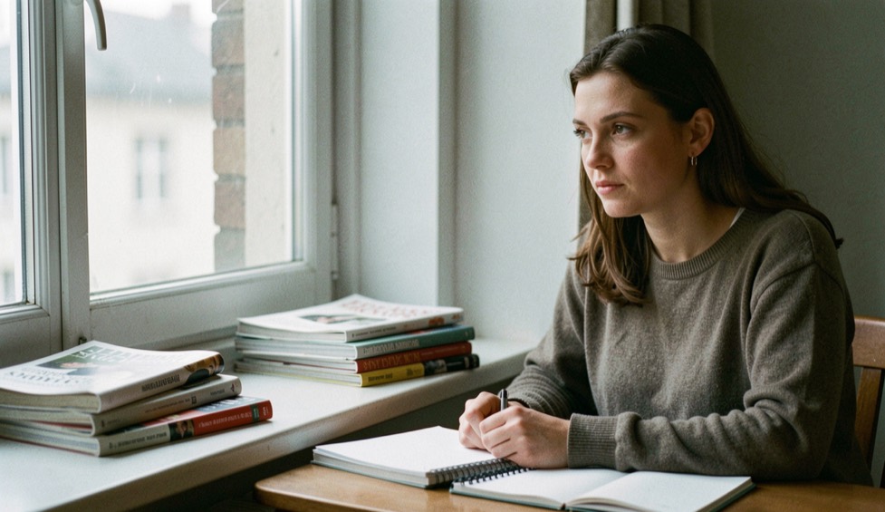 Lectrice assise près d’une fenêtre avec plusieurs journaux pliés et un carnet de notes, lumière froide du matin, aucun titre lisible