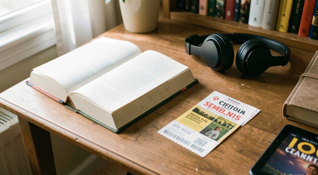 Table de bibliothèque avec livre ouvert, liseuse éteinte, écouteurs et ticket de cinéma, composition chaleureuse en lumière naturelle