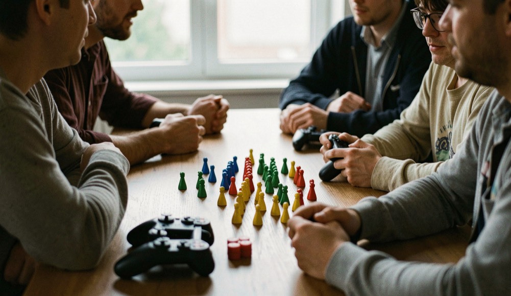 Amis réunis autour d’une table avec pions de jeu et manettes posées à côté, scène spontanée du soir, visages hors champ