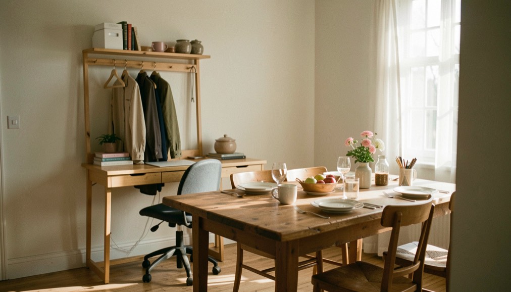 Intérieur calme partagé entre coin de travail, portemanteau et table préparée pour le repas, soleil de fin d’après-midi
