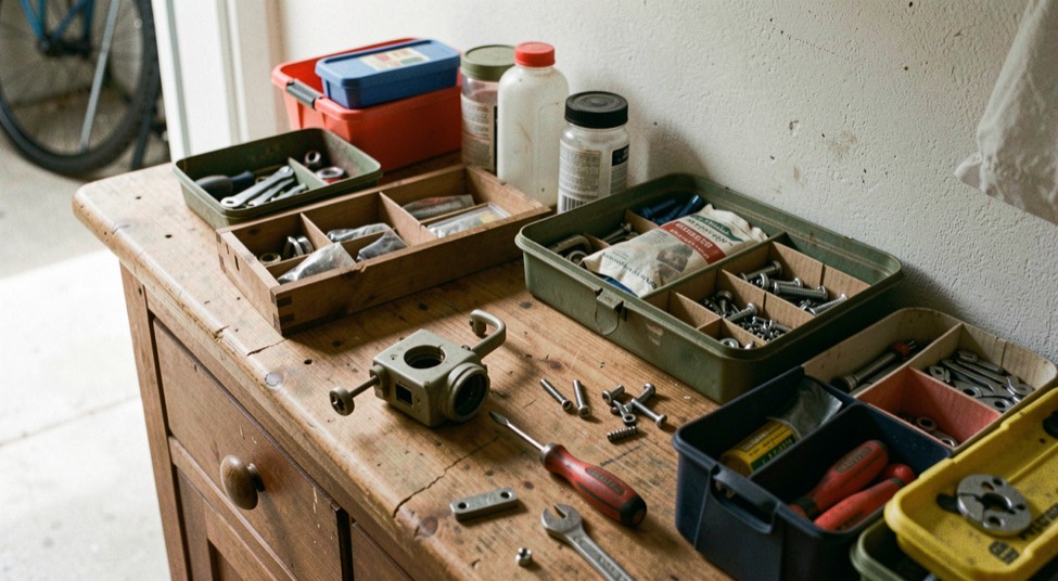 Établi domestique avec petit appareil démonté, tournevis, pièces classées et boîte de rangement, lumière de garage réaliste