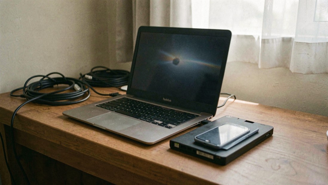Bureau domestique sobre avec ordinateur portable, disque externe et smartphone sans marque, lumière latérale douce et câbles rangés